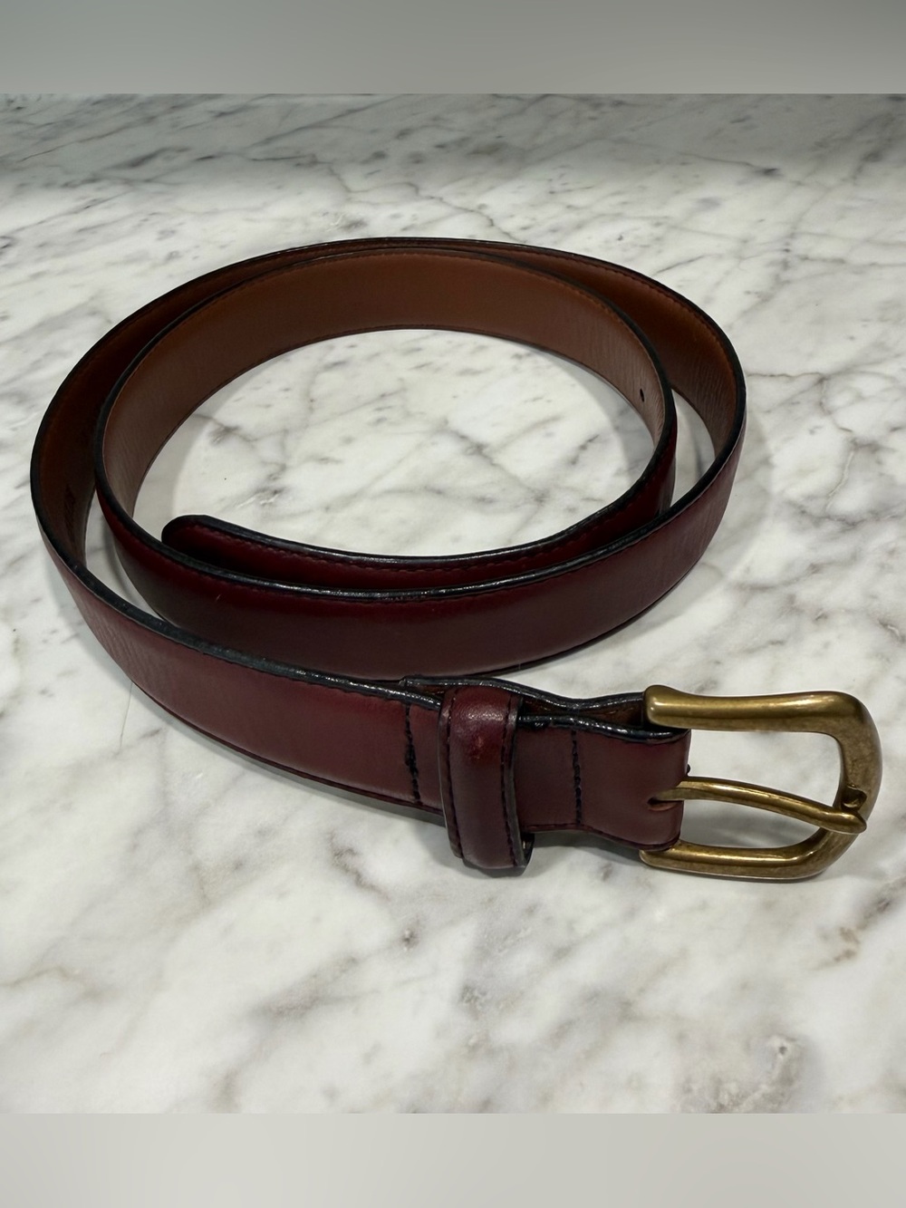 L.L.Bean Genuine Leather Burgundy Brown Belt Gold Brass Buckle Vintage